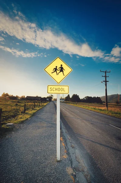 Okulun Yakınındaki Yoldan Geçen Çocuklarla Ilgili Sarı Bir Levhanın Dikey — Stok fotoğraf