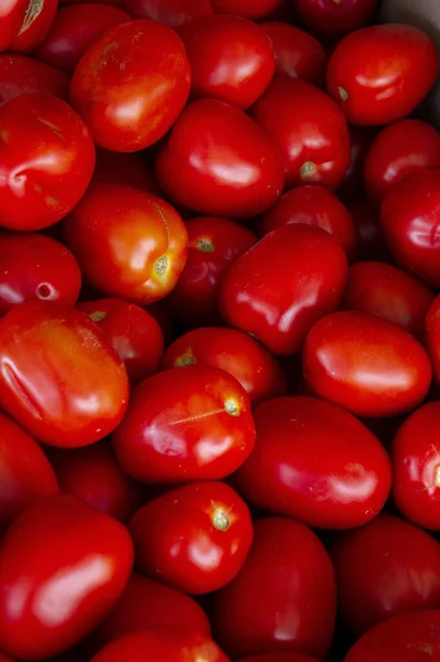 Ένα Κοντινό Πλάνο Κόκκινες Ντομάτες Στον Πάγκο Του Σούπερ Μάρκετ — Φωτογραφία Αρχείου