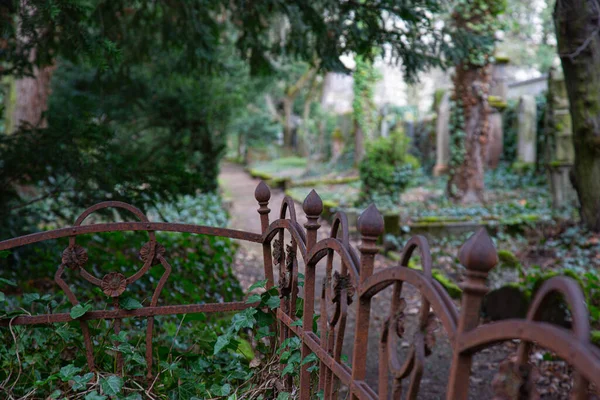 Ein Alter Rostiger Zaun Auf Einem Friedhof Mit Verschwommenem Hintergrund — Stockfoto