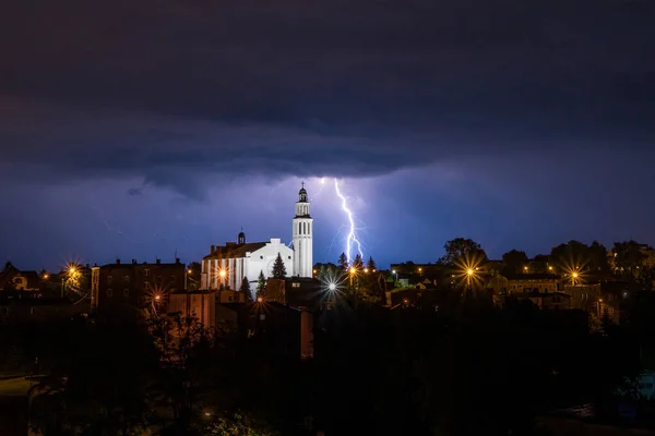 Laziska Gorne Poland Jun 2020 Bright Lightning Dark Sky Church — Stock Photo, Image