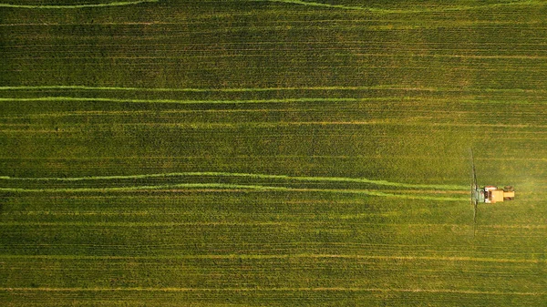 大白天绿色农田上拖拉机的鸟瞰图 — 图库照片