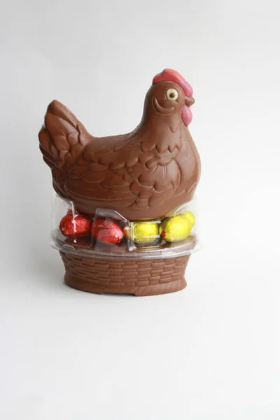 Крупный План Шоколадной Курицы Пасхальными Яйцами — стоковое фото