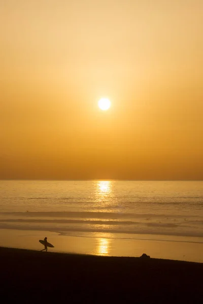 Vertical Shot Sunset Ocean Silhouette Walking Man Board — Stock Photo, Image