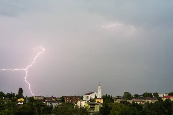 Laziska Gorne Poland Aug 2019 Lightning Sky Church Parish Martyrdom — Stock Photo, Image