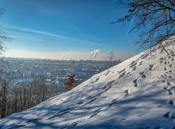 Eine Aufnahme Einer Winterlichen Stadtlandschaft Von Einem Hügel — Stockfoto