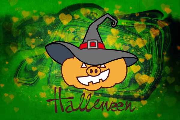 Illustration Pumpkin Witch Hat Patterned Green Background Halloween Written Bottom — Stock Photo, Image