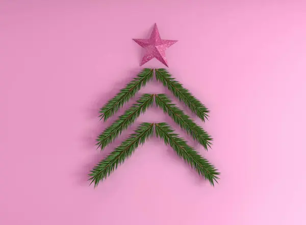 スプルースの枝からクリスマスツリーのフラットレイショットとピンクの背景に星 — ストック写真