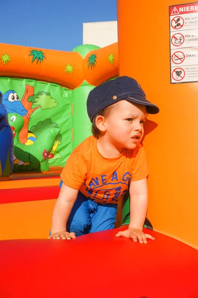 Poznan Poland May 2016 Small Boy Colorful Inflatable Jump Castle — Stock Photo, Image