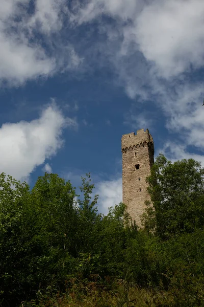Zřícenina Věže Starého Středověkého Hradu Lesem Modrou Zataženou Oblohou Pozadí — Stock fotografie