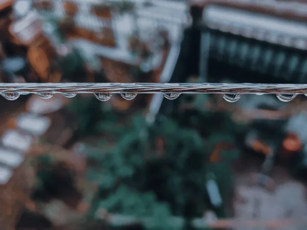 Closeup Shot Water Drops Hanging Cable — Stock Photo, Image