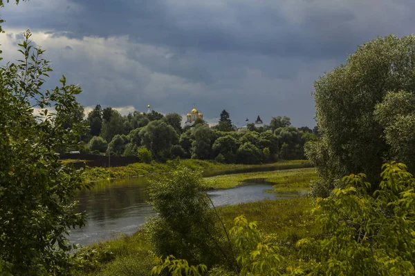 Een Adembenemende Opname Van Een Meer Een Veld Een Bewolkte — Stockfoto