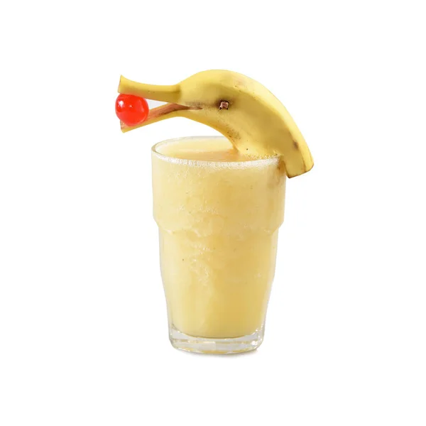 Tiro Close Copo Suco Banana Fundo Branco — Fotografia de Stock