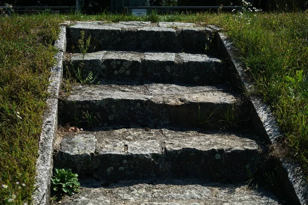 Крупный План Старой Лестницы Камня Парке Зеленой Травой Вокруг Лестницы — стоковое фото