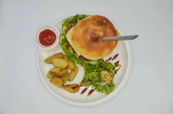 Top View Burger Potatoes Lettuce Ketchup — Stock Photo, Image