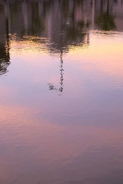 Eine Vertikale Aufnahme Der Reflexion Eines Bunten Himmels Und Gebäude — Stockfoto