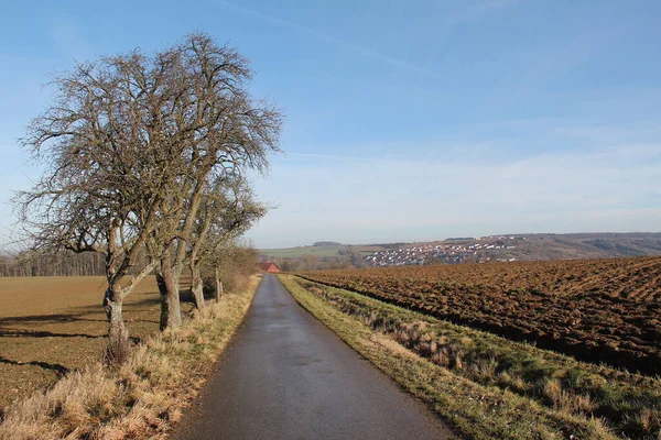 Eine Schöne Aufnahme Einer Straße Der Nähe Eines Großen Ackerlandes — Stockfoto