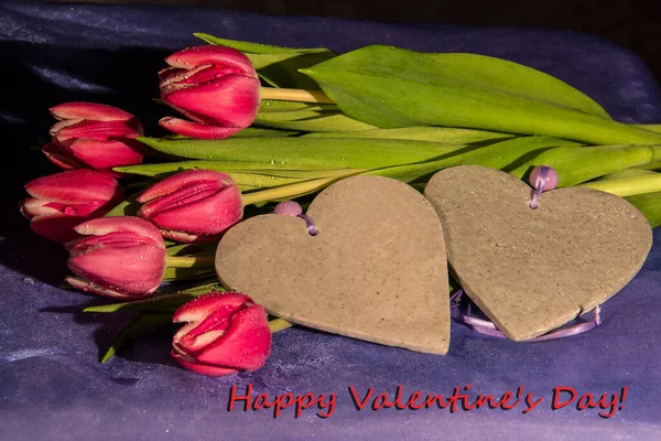 Closeup Bouquet Tulips Happy Valentine Day Text — Stock Photo, Image
