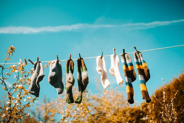 Een Lage Hoek Shot Van Sokken Hangen Touw Geënt Met — Stockfoto