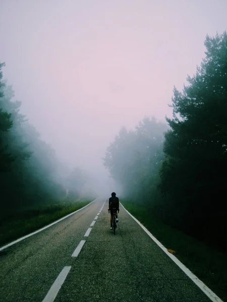 Eine Vertikale Aufnahme Einer Person Die Mit Dem Fahrrad Durch — Stockfoto