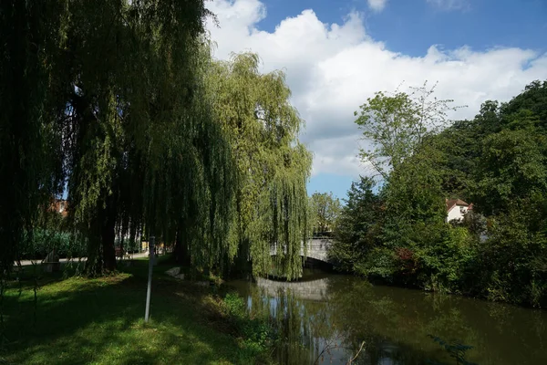 在小溪边的一个有柳树的公园 — 图库照片