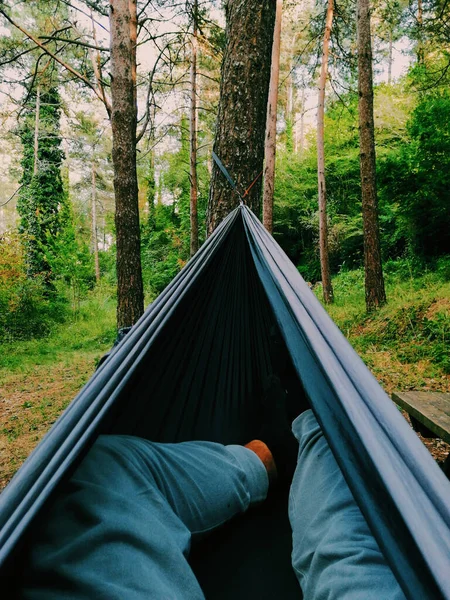 Vertical Shot Person Lying Hammock Forest Covered Greenery Daytime — Stock Photo, Image