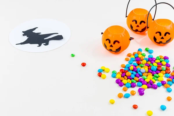 Eine Hochwinkel Aufnahme Von Halloween Kürbissen Fledermaus Silhouetten Farbigen Streusel — Stockfoto