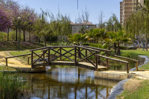 Uma Ponte Madeira Sobre Rio Parque Málaga Paisaje — Fotografia de Stock