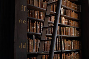 A closeup shot of bookshelves in the library with old volumes of books clipart