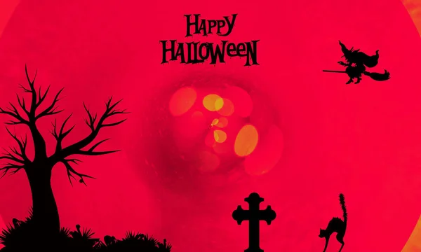 Boldog Halloween Illusztráció Macskával Boszorkány Repülő Seprű Kereszt Egy Piros — Stock Fotó