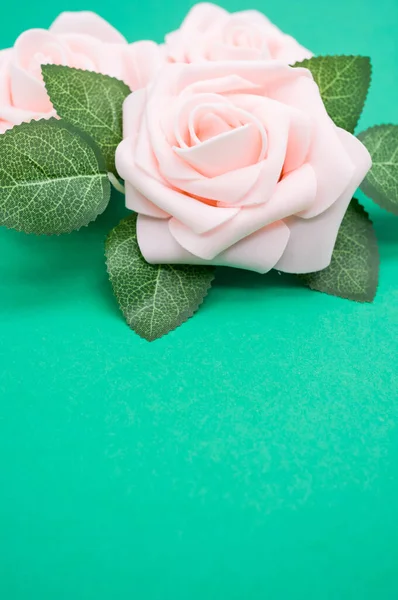 Close Vertical Rosas Rosa Isoladas Fundo Verde Com Espaço Cópia — Fotografia de Stock