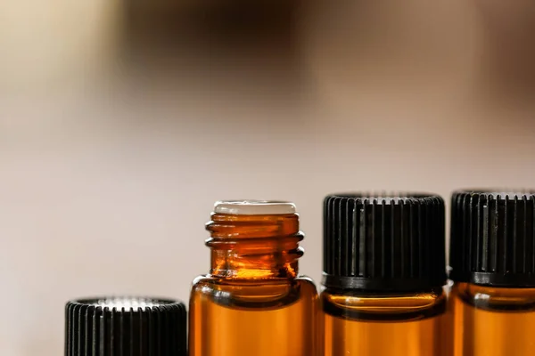 Shallow Focus Shot Essential Oil Bottles Table — Stock Photo, Image