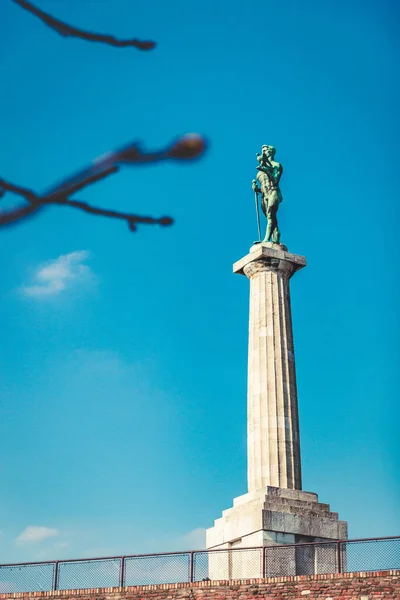 Tiro Vertical Estátua Vitória Fortaleza Kalemegdan Belgrado — Fotografia de Stock