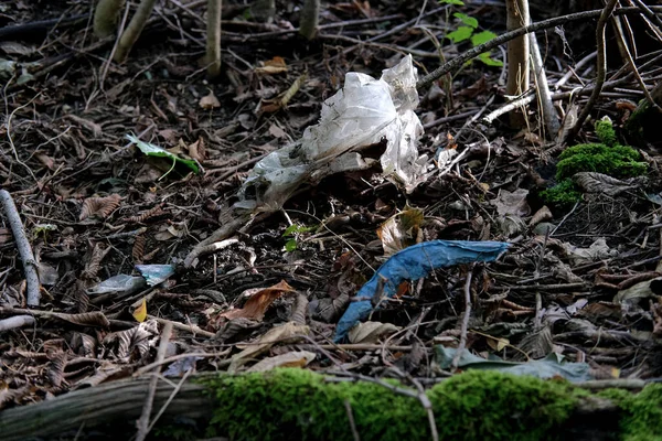 Een Close Shot Van Vuilnis Plastic Zakken Het Bos Het — Stockfoto