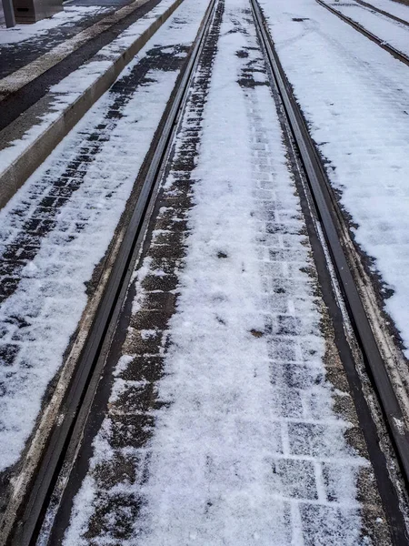 Вертикальный Снимок Железной Дороги Покрытой Снегом Зимой — стоковое фото