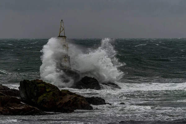 View Lighthouse Stormy Weather Dark Sky Background — Stock Photo, Image