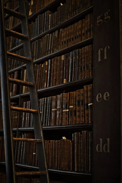 Вертикальный Снимок Книжных Полок Библиотеке Старыми Томами Книг — стоковое фото