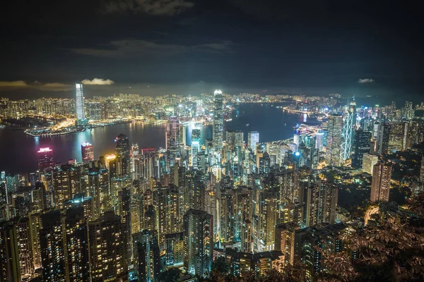 Eine Luftaufnahme Des Victoria Harbor Hongkong Bei Nacht — Stockfoto