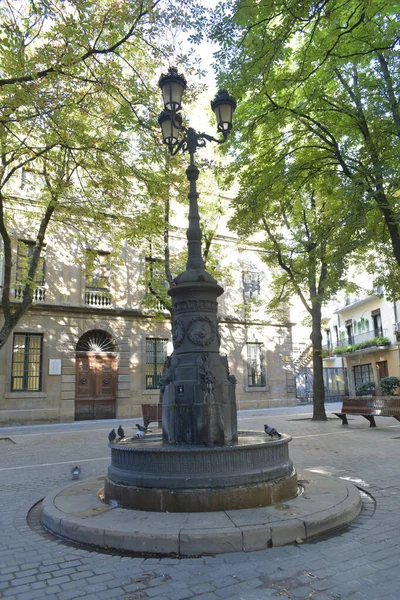 Eine Vertikale Aufnahme Einer Straßenlaterne Mit Springbrunnen — Stockfoto