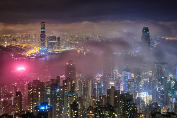 Eine Luftaufnahme Des Victoria Harbor Hongkong Bei Nacht — Stockfoto