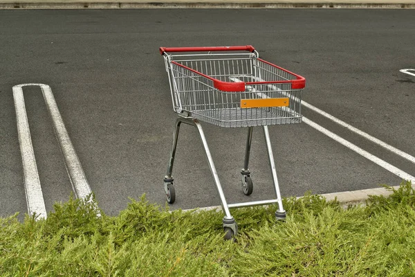 Nahaufnahme Eines Kleinen Einkaufswagens Auf Einem Parkplatz Bei Tageslicht — Stockfoto