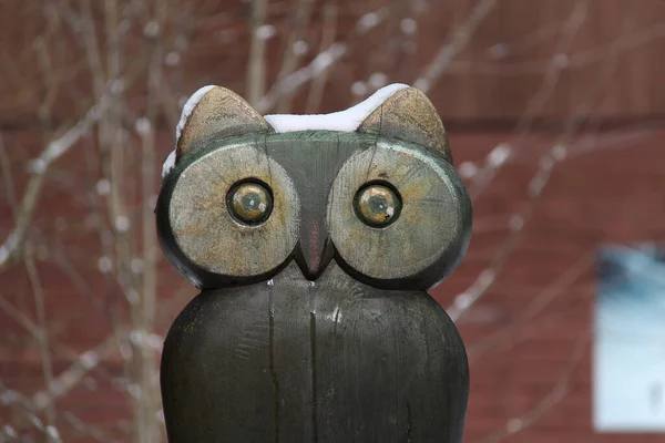 Plan Rapproché Une Statue Hibou Bois — Photo