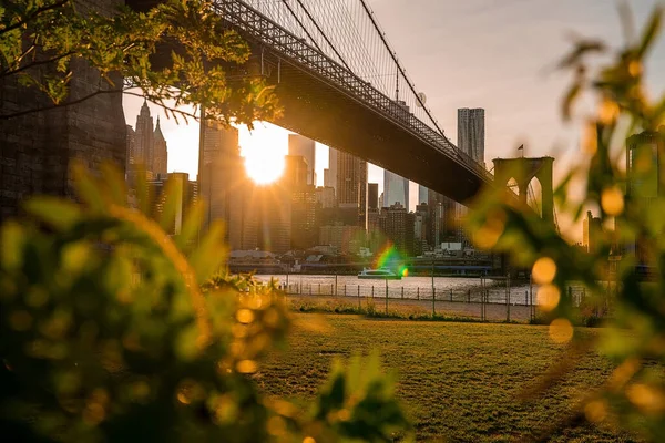 Vue Magnifique Coucher Soleil Sur Pont Brooklyn Depuis Parc Brooklyn — Photo