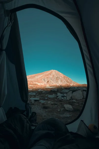 First View Morning Mountains Tent — Stock Photo, Image