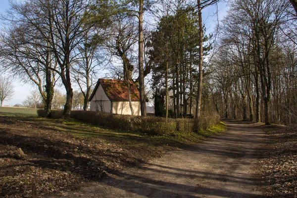 一条弯弯曲曲的路 周围是树木 背景是乡间的一座小农舍 — 图库照片