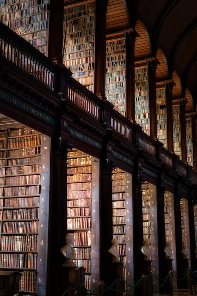 古本が並ぶ図書館の書棚の縦長のショット — ストック写真