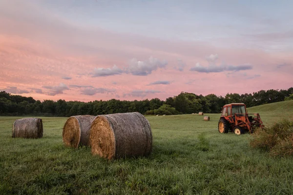 Trator Vermelho Fardos Feno Recém Enrolados Uma Fazenda Pôr Sol — Fotografia de Stock