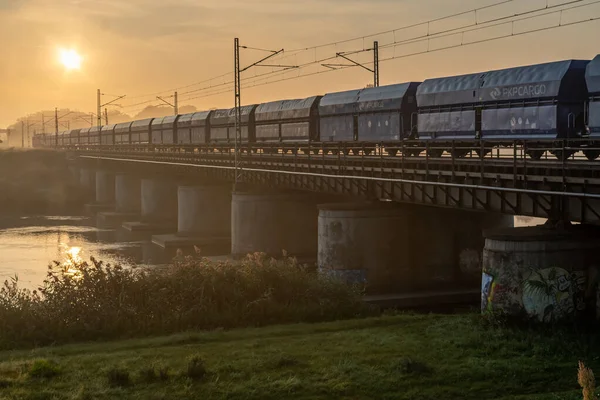 Ένα Τρένο Περνάει Πάνω Από Μια Γέφυρα Ηλιοβασίλεμα — Φωτογραφία Αρχείου