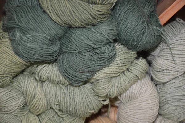 Closeup Different Green Wools Top Each Other — Stock Photo, Image