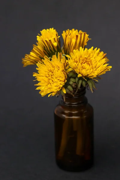 Egy Csomó Sárga Pitypang Virág Egy Kis Borostyán Üveg Illóolaj — Stock Fotó