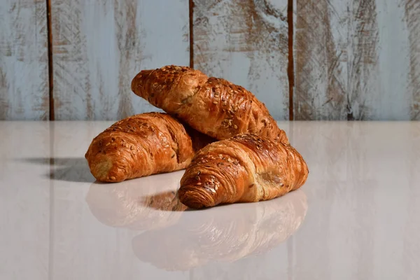 Arrangement Enticing Freshly Made Croissants Table Out Focus Background Delicious — Stock Photo, Image